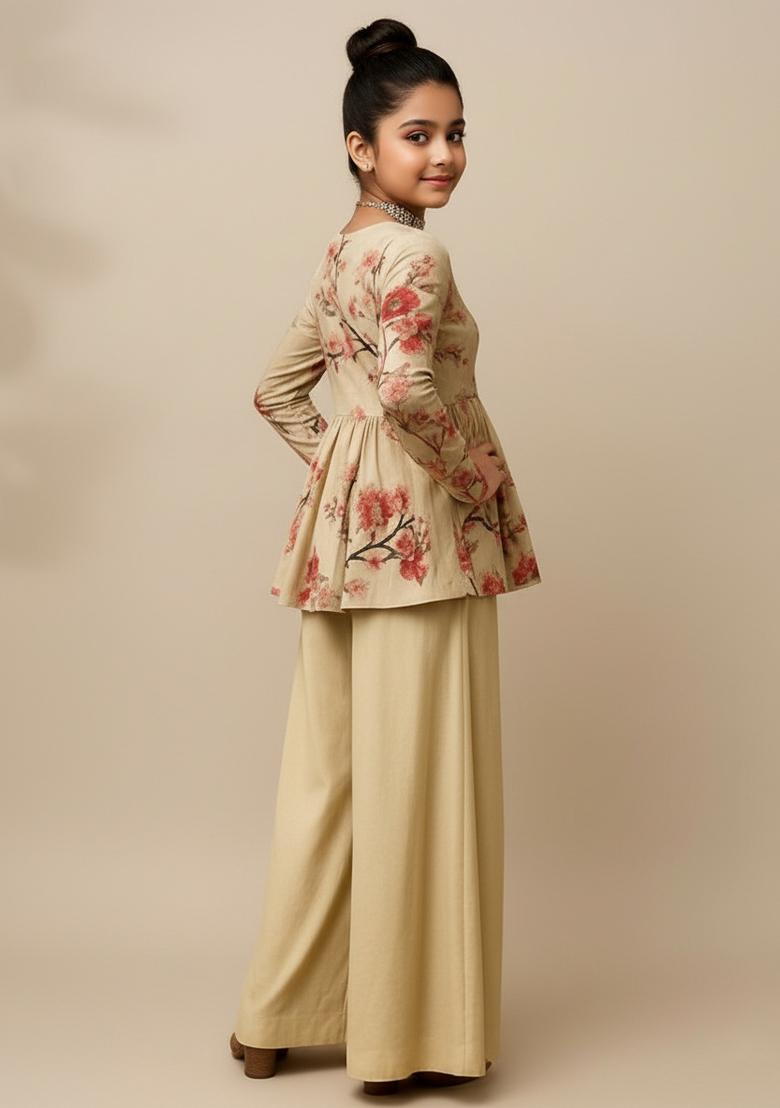 Girls Cream Floral Print Satin Fusion Set - Indya