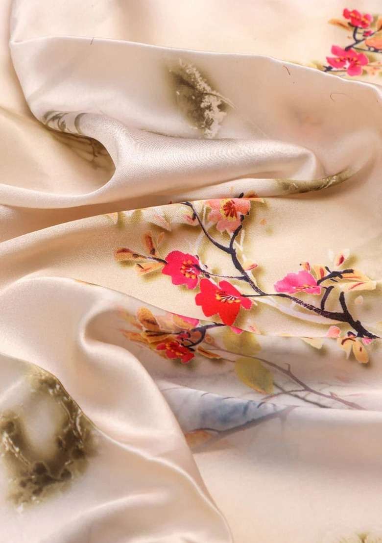 Girls Cream Floral Print Satin Fusion Set - Indya