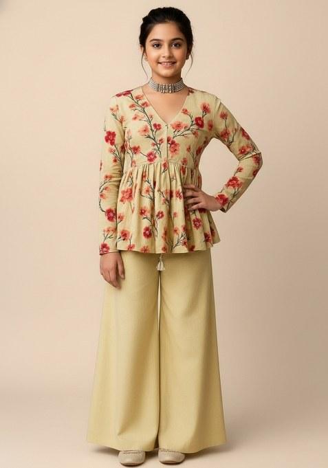 Girls Cream Floral Print Satin Fusion Set