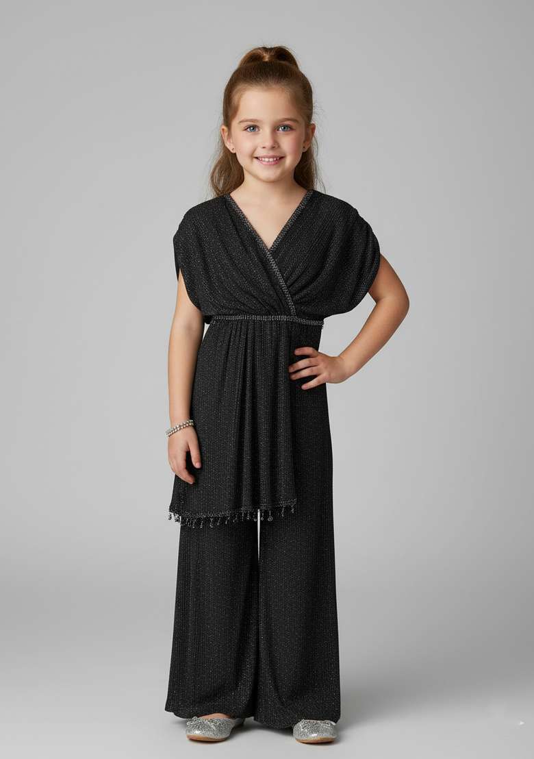 Girls Black Sequin Georgette Fusion Set - Indya