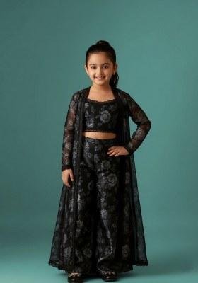 Girls Black Floral Print Organza Fusion Set