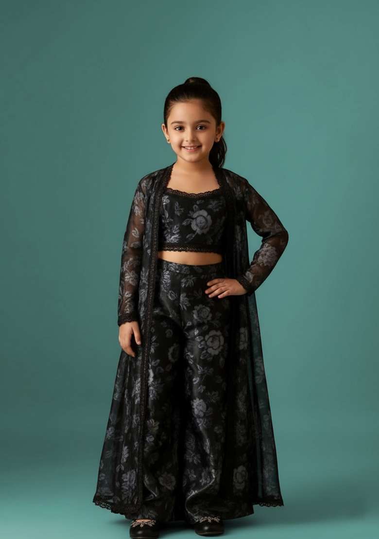Girls Black Floral Print Organza Fusion Set - Indya