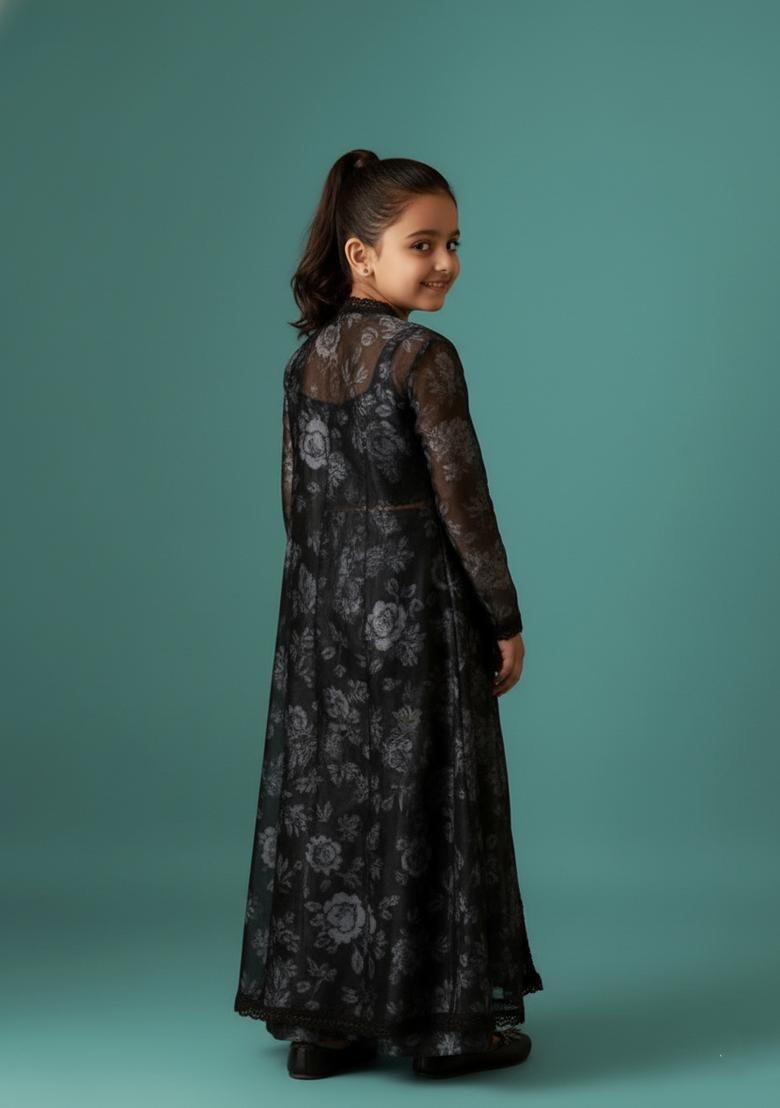 Girls Black Floral Print Organza Fusion Set - Indya