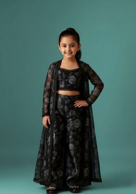 Girls Black Floral Print Organza Fusion Set
