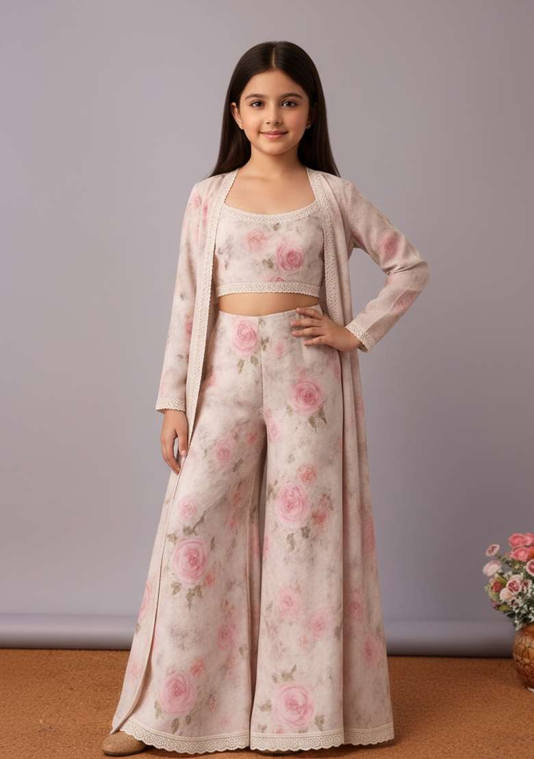 Girls Pink Floral Print Organza Fusion Set - Indya