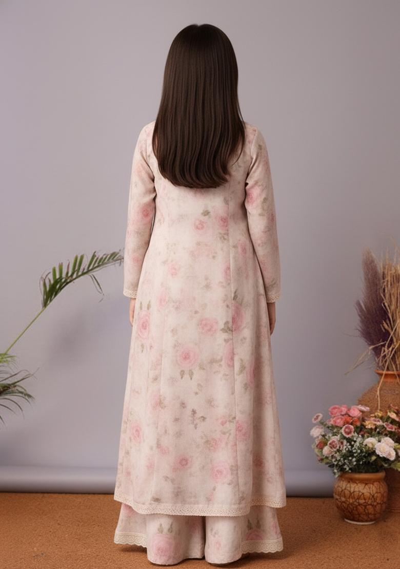 Girls Pink Floral Print Organza Fusion Set - Indya