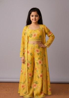 Girls Yellow Floral Print Organza Fusion Set