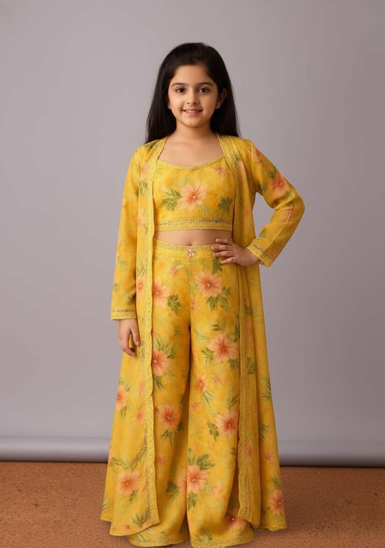 Girls Yellow Floral Print Organza Fusion Set - Indya