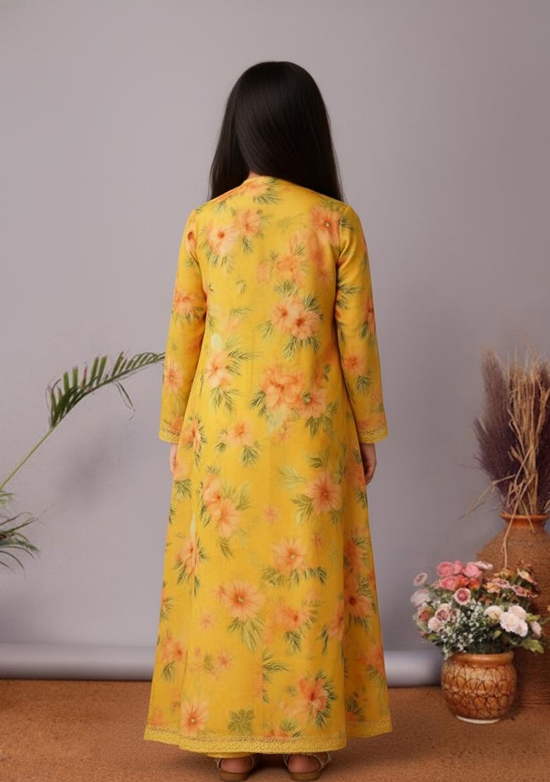 Girls Yellow Floral Print Organza Fusion Set - Indya