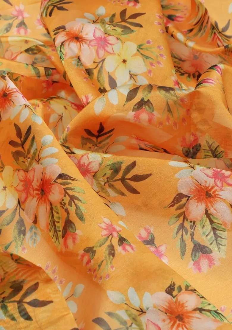 Girls Yellow Floral Print Organza Fusion Set - Indya