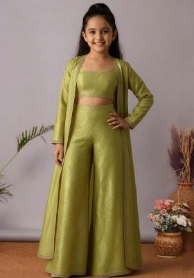 Girls Green Textured Organza Fusion Set