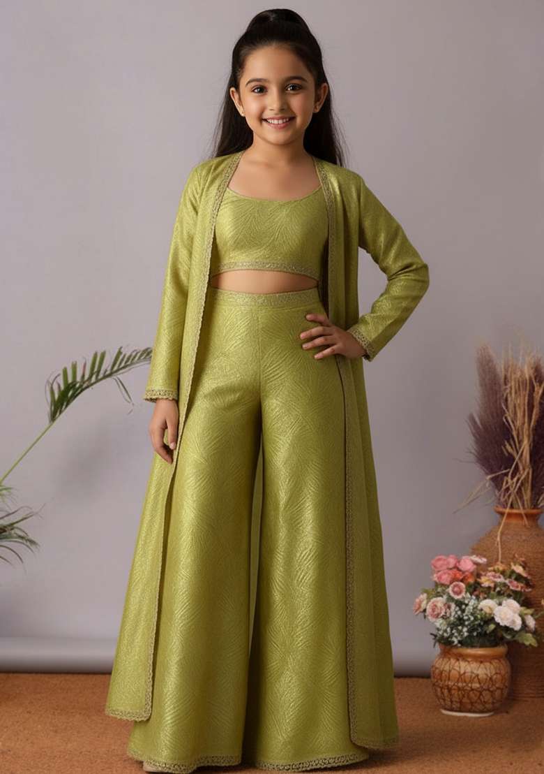 Girls Green Textured Organza Fusion Set - Indya