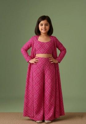Girls Fuchsia Pink Bandhani Print Chinon Fusion Set