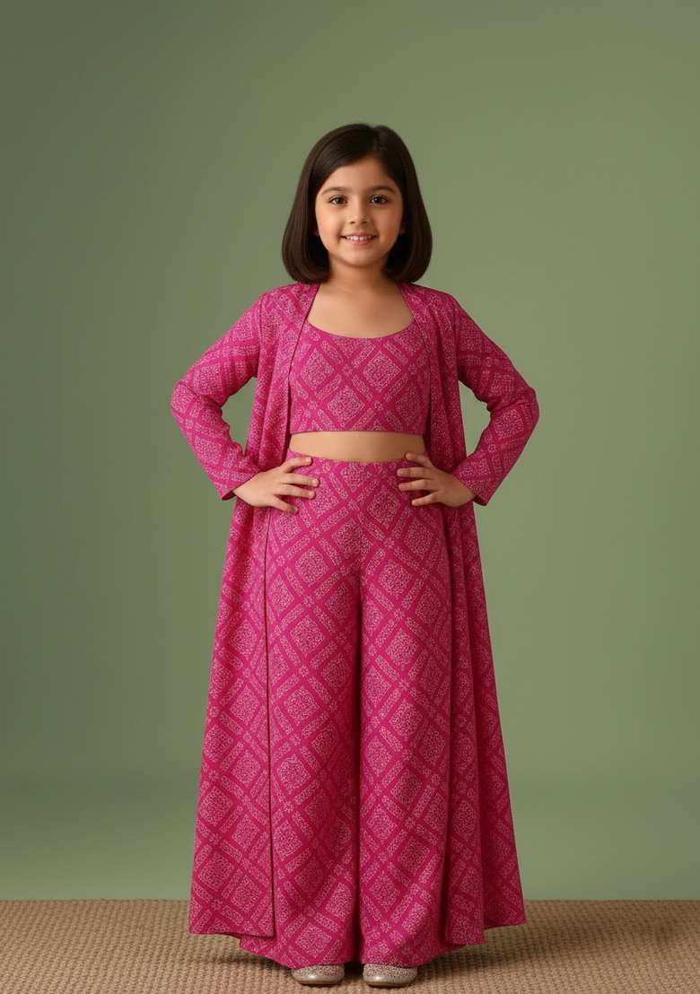 Girls Fuchsia Pink Bandhani Print Chinon Fusion Set - Indya