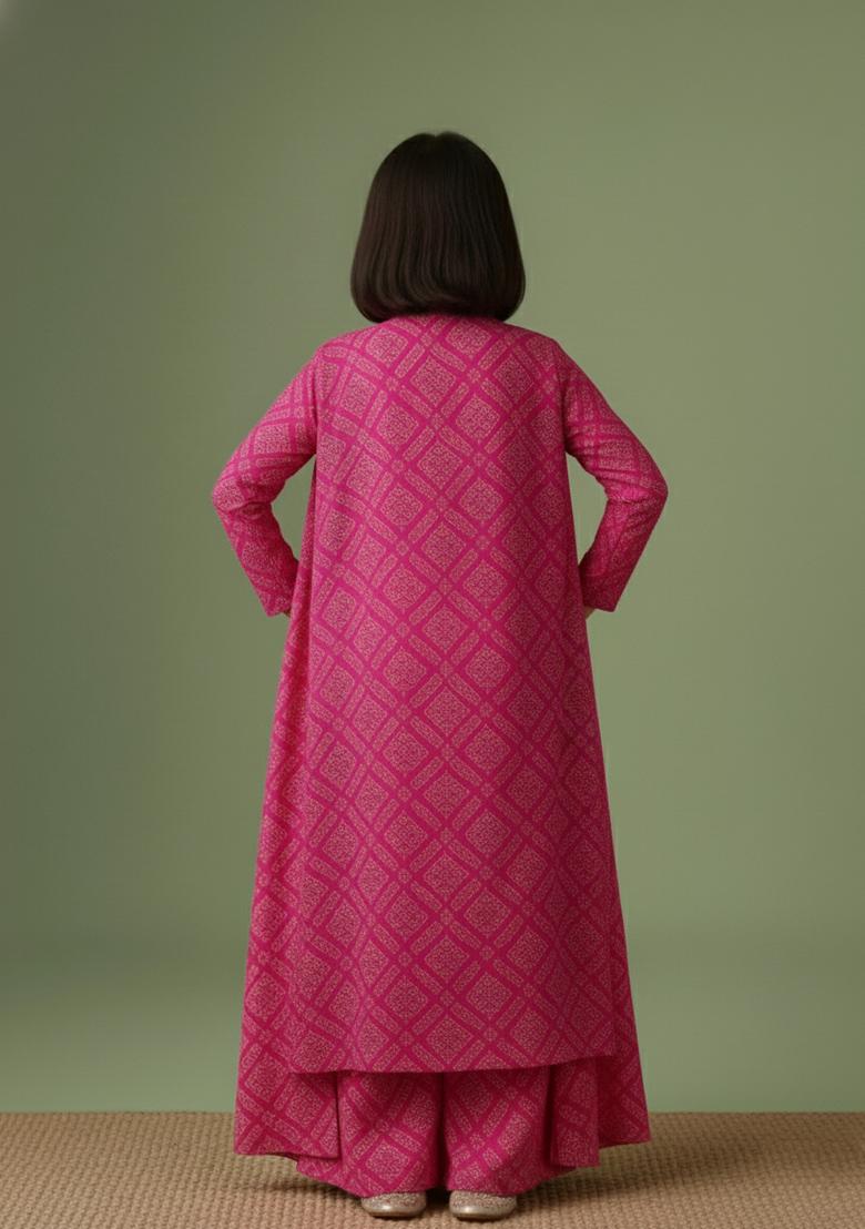 Girls Fuchsia Pink Bandhani Print Chinon Fusion Set - Indya