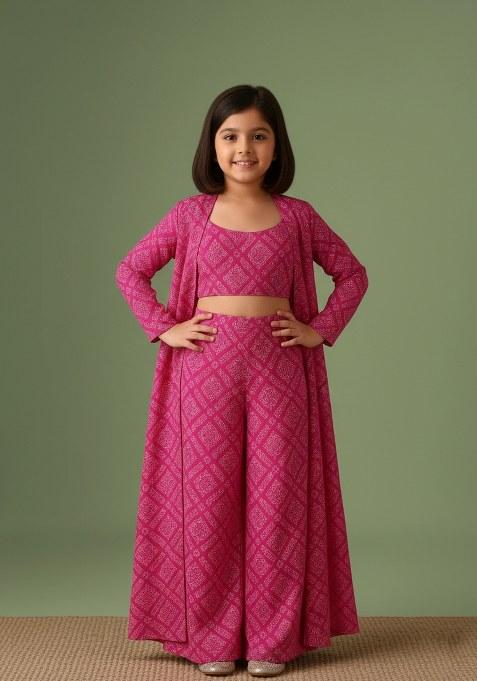 Girls Fuchsia Pink Bandhani Print Chinon Fusion Set