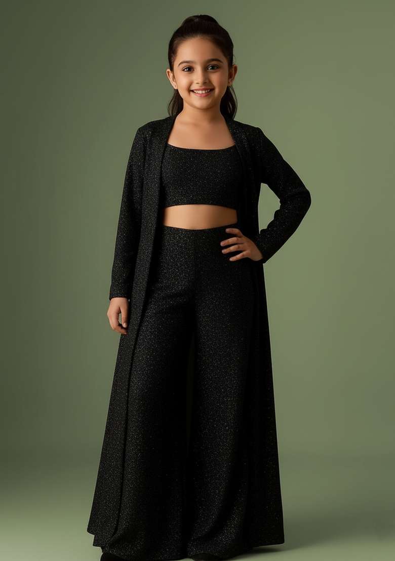 Girls Black Sequin Georgette Fusion Set - Indya