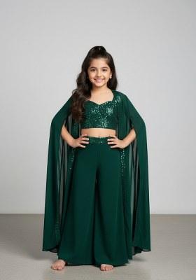 Girls Green Embroidered Georgette Fusion Set