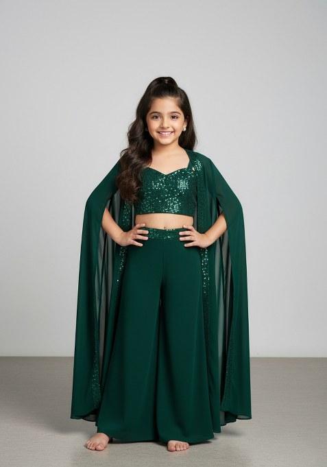 Girls Green Embroidered Georgette Fusion Set