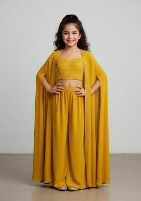 Girls Yellow Embroidered Georgette Fusion Set