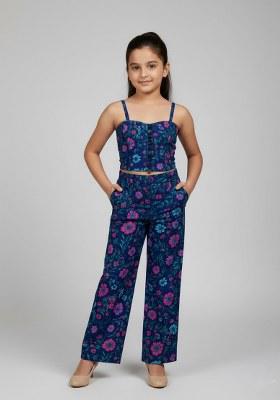 Girls Blue Embroidered Georgette Fusion Set