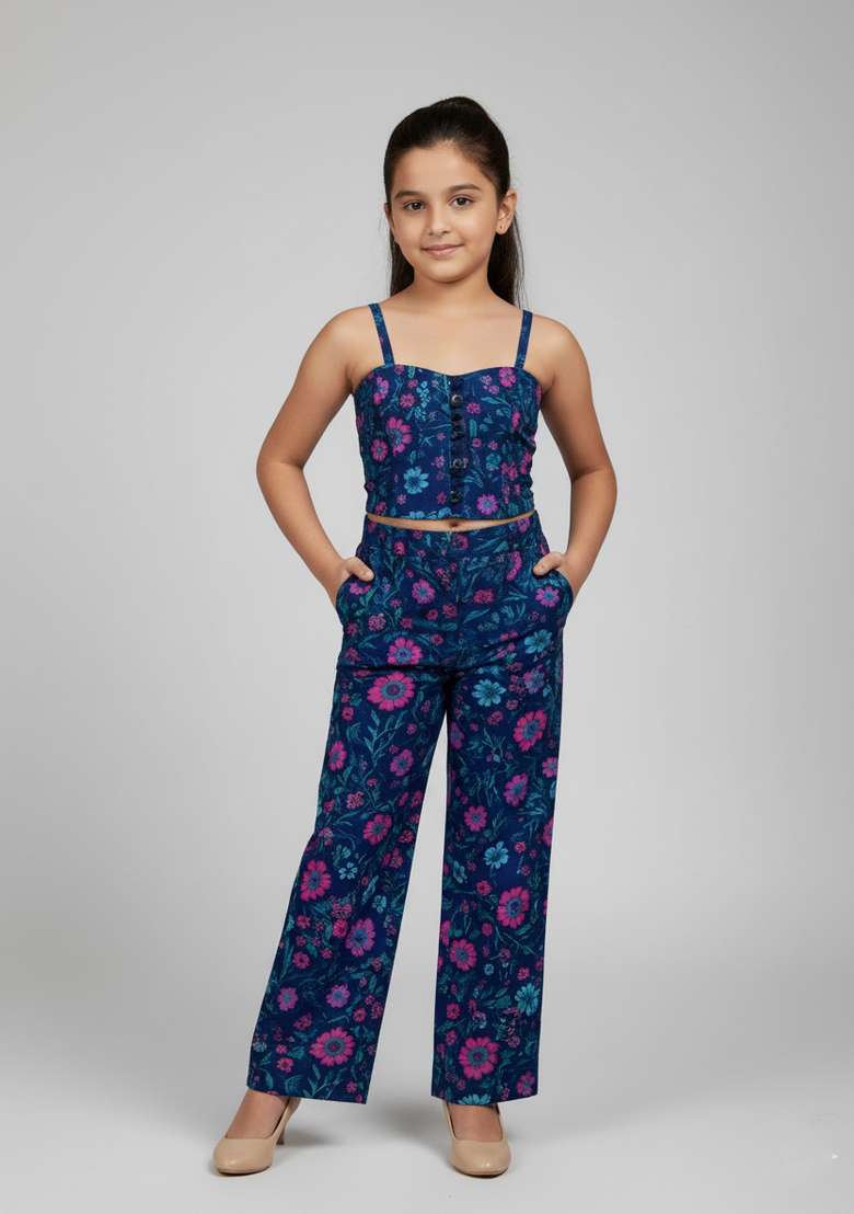 Girls Blue Embroidered Georgette Fusion Set - Indya