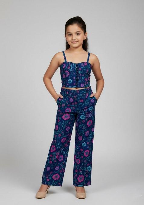 Girls Blue Embroidered Georgette Fusion Set