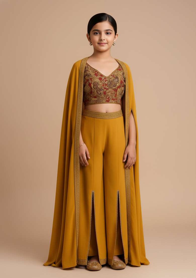 Girls Yellow Embroidered Georgette Fusion Set - Indya