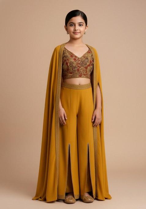 Girls Yellow Embroidered Georgette Fusion Set