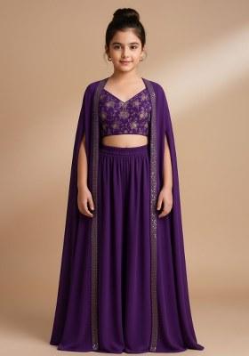 Girls Purple Embroidered Georgette Fusion Set