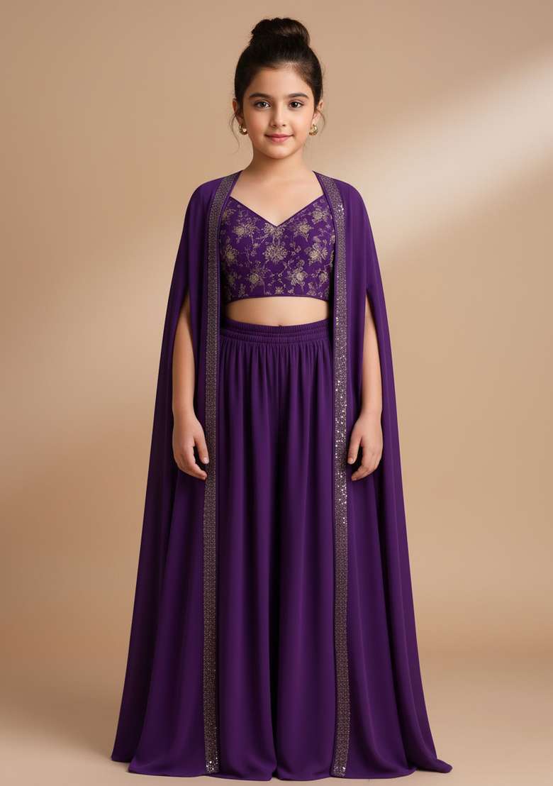 Girls Purple Embroidered Georgette Fusion Set - Indya