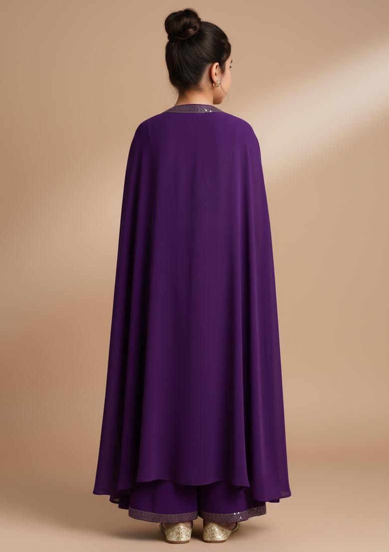 Girls Purple Embroidered Georgette Fusion Set - Indya