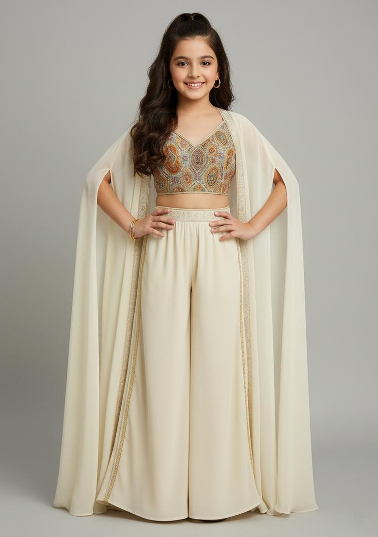 Girls Off White Embroidered Georgette Fusion Set - Indya