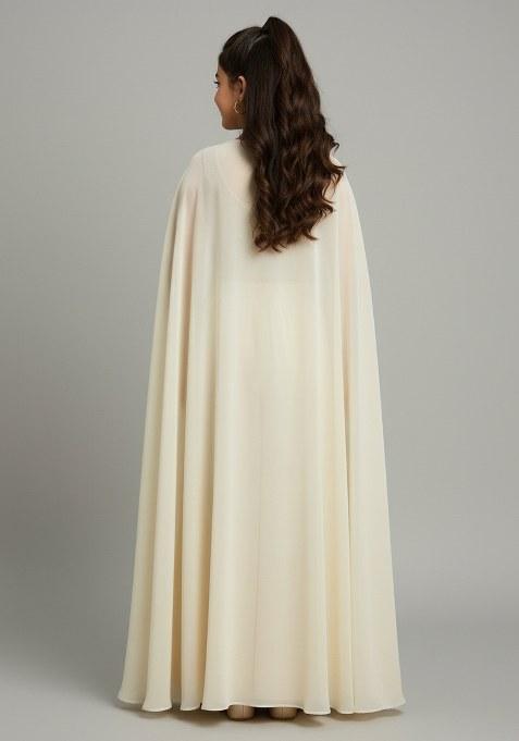 Girls Off White Embroidered Georgette Fusion Set