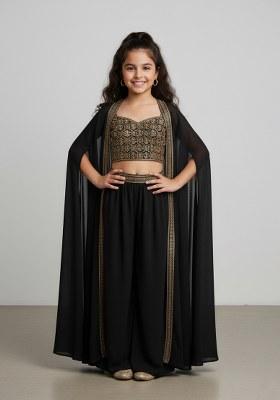 Girls Green Embroidered Georgette Fusion Set