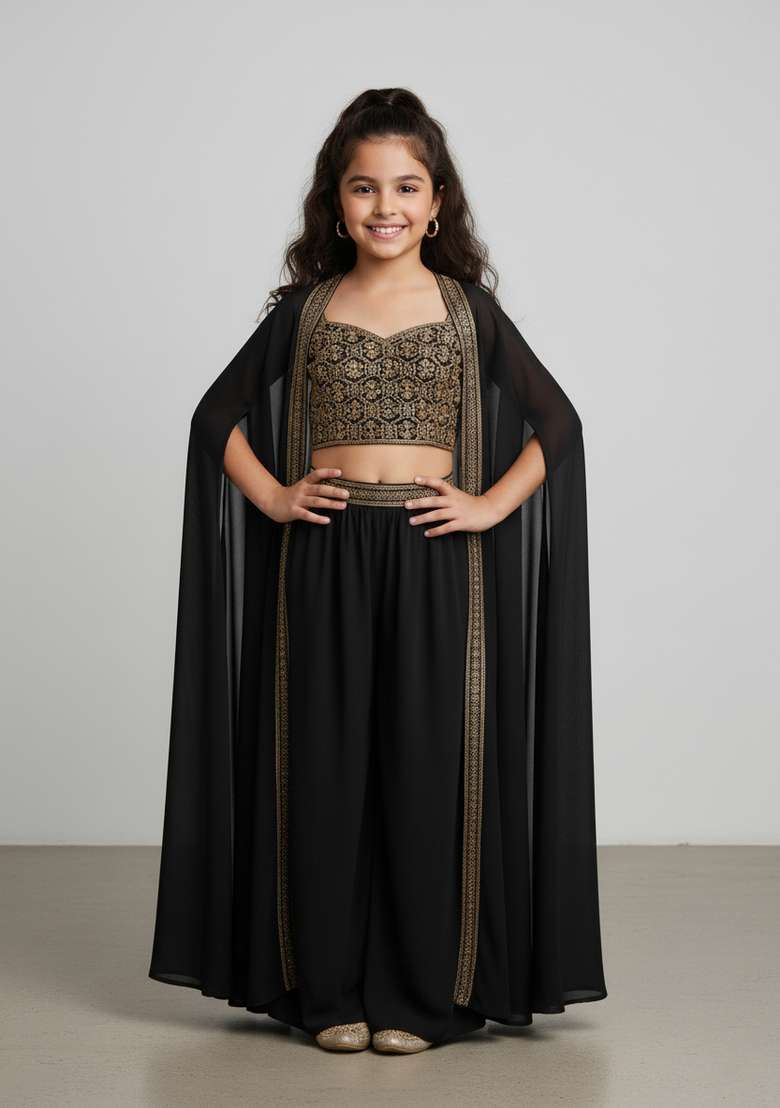 Girls Green Embroidered Georgette Fusion Set - Indya