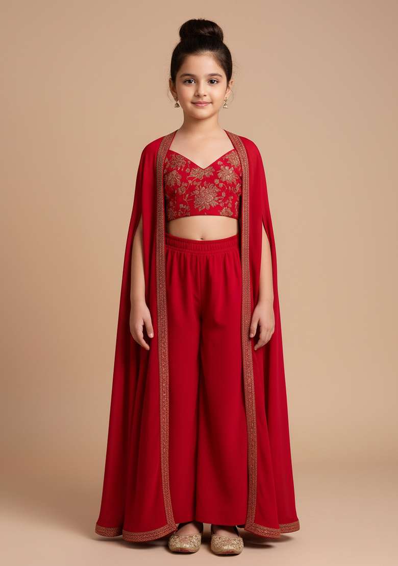 Girls Red Embroidered Georgette Fusion Set - Indya