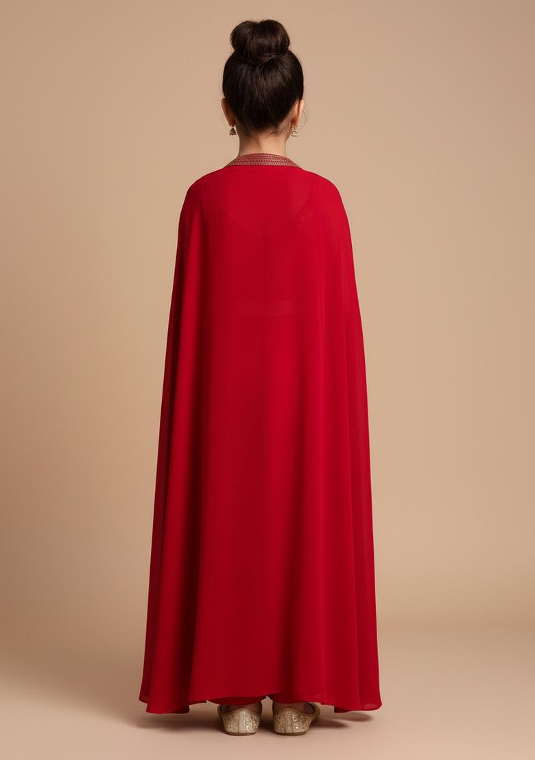 Girls Red Embroidered Georgette Fusion Set - Indya