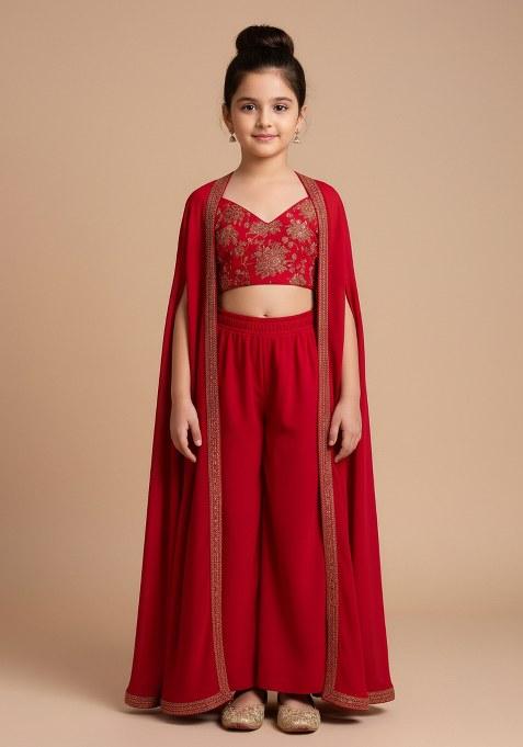 Girls Red Embroidered Georgette Fusion Set