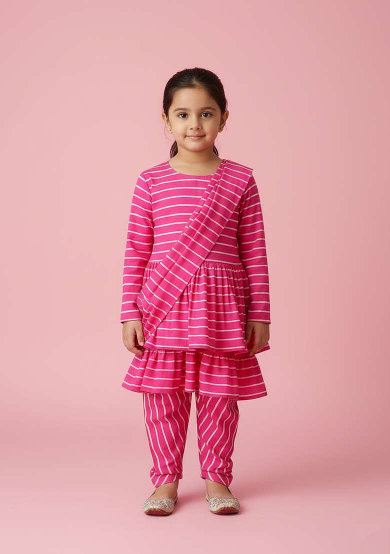 Girls Pink Striped Chiffon Fusion Set - Indya