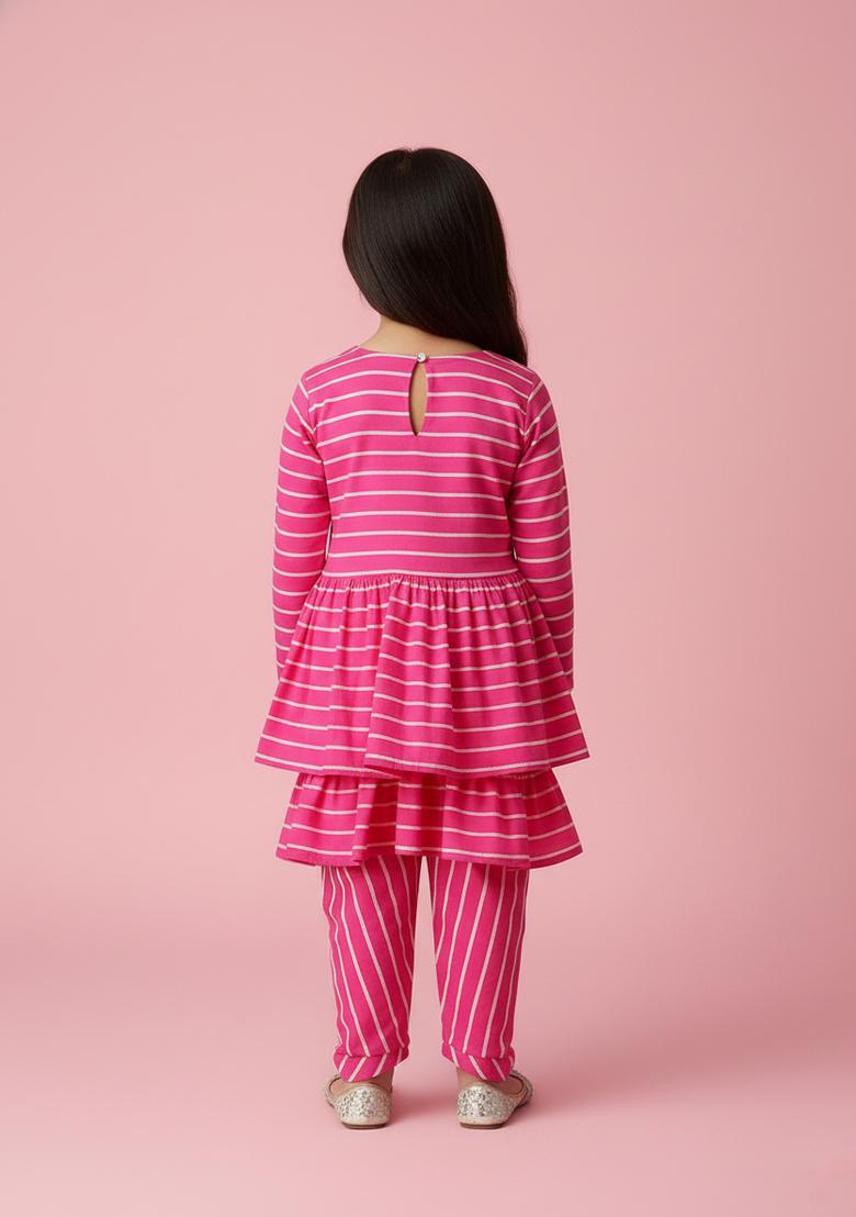 Girls Pink Striped Chiffon Fusion Set - Indya