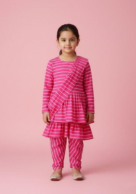 Girls Pink Striped Chiffon Fusion Set