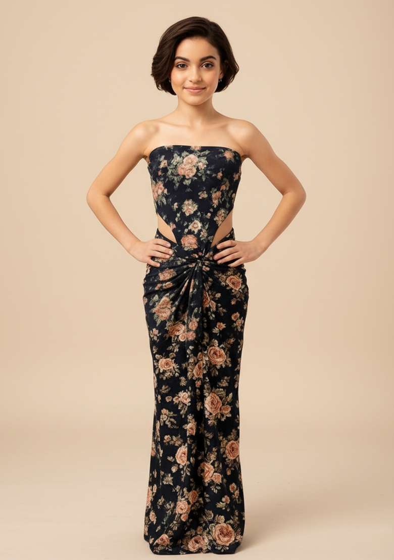 Girls Navy Blue Floral Print Satin Corset Blouse Fusion Set - Indya