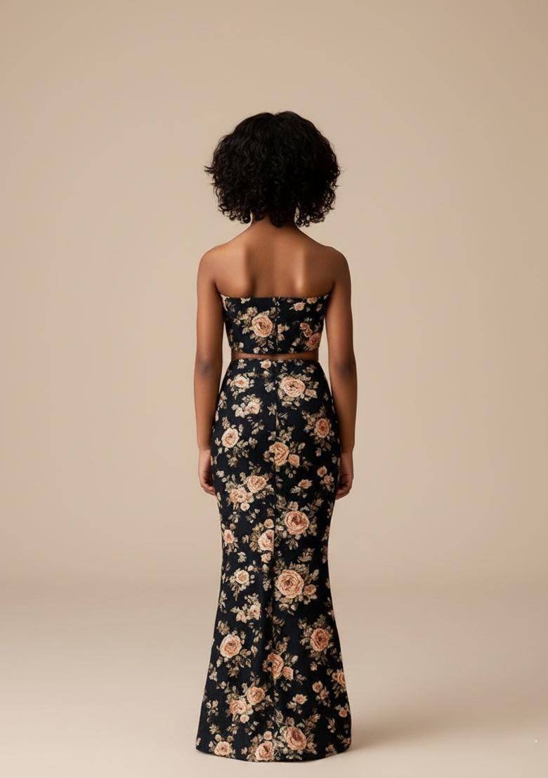 Girls Navy Blue Floral Print Satin Fusion Set - Indya