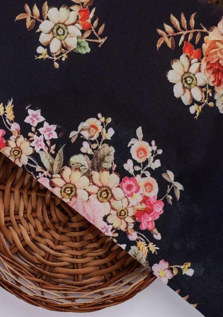 Girls Navy Blue Floral Print Satin Fusion Set - Indya