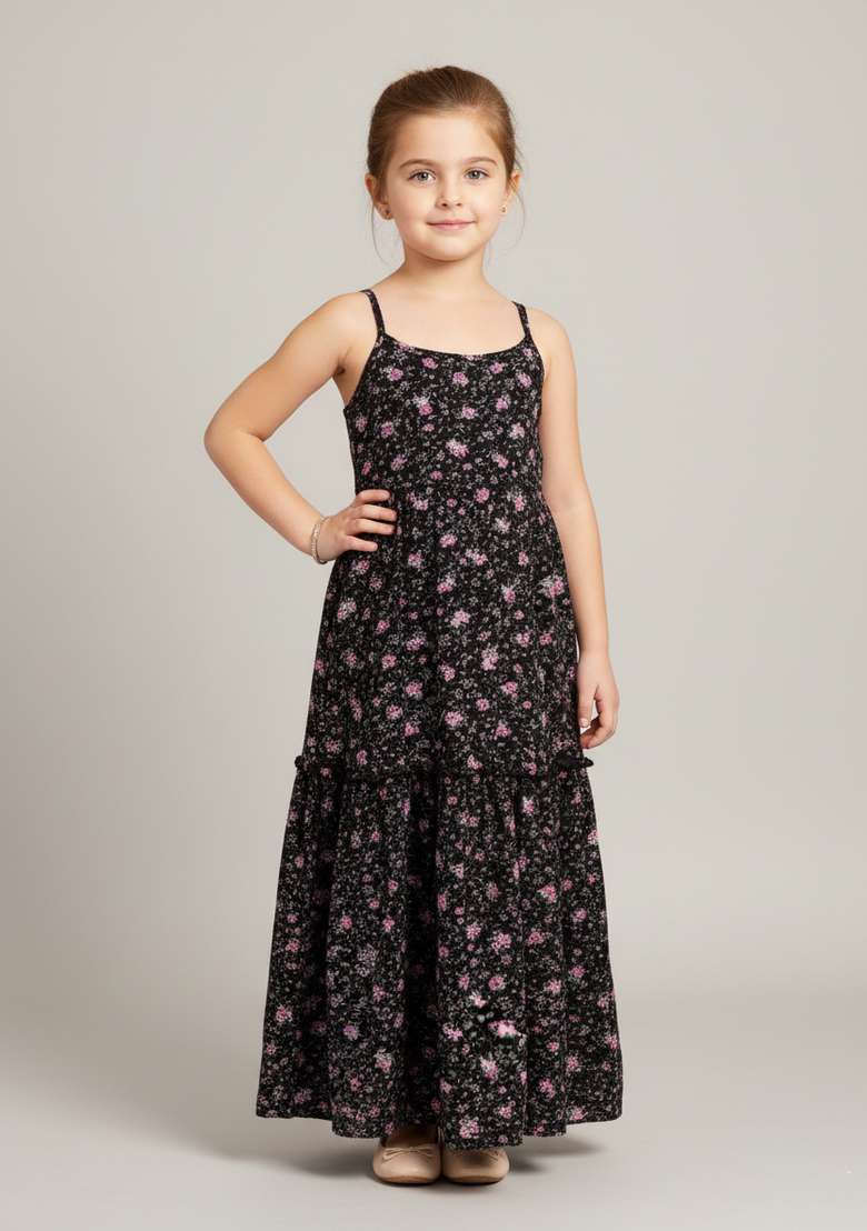 Girls Black Floral Print Organza Fusion Set - Indya
