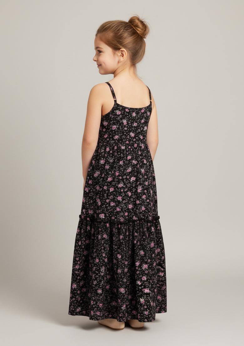 Girls Black Floral Print Organza Fusion Set - Indya