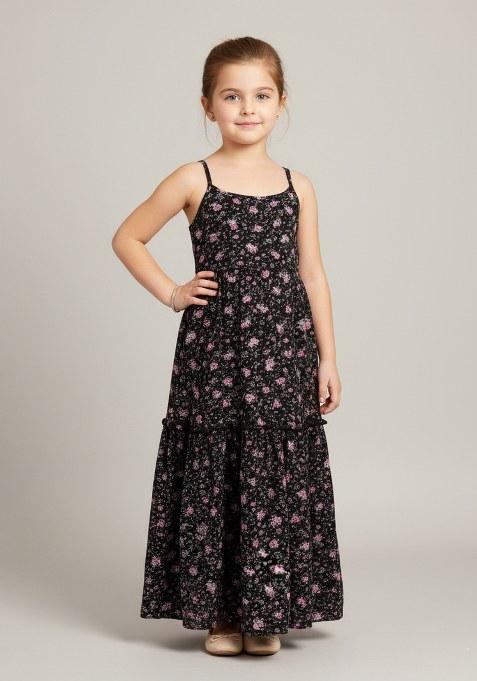 Girls Black Floral Print Organza Fusion Set