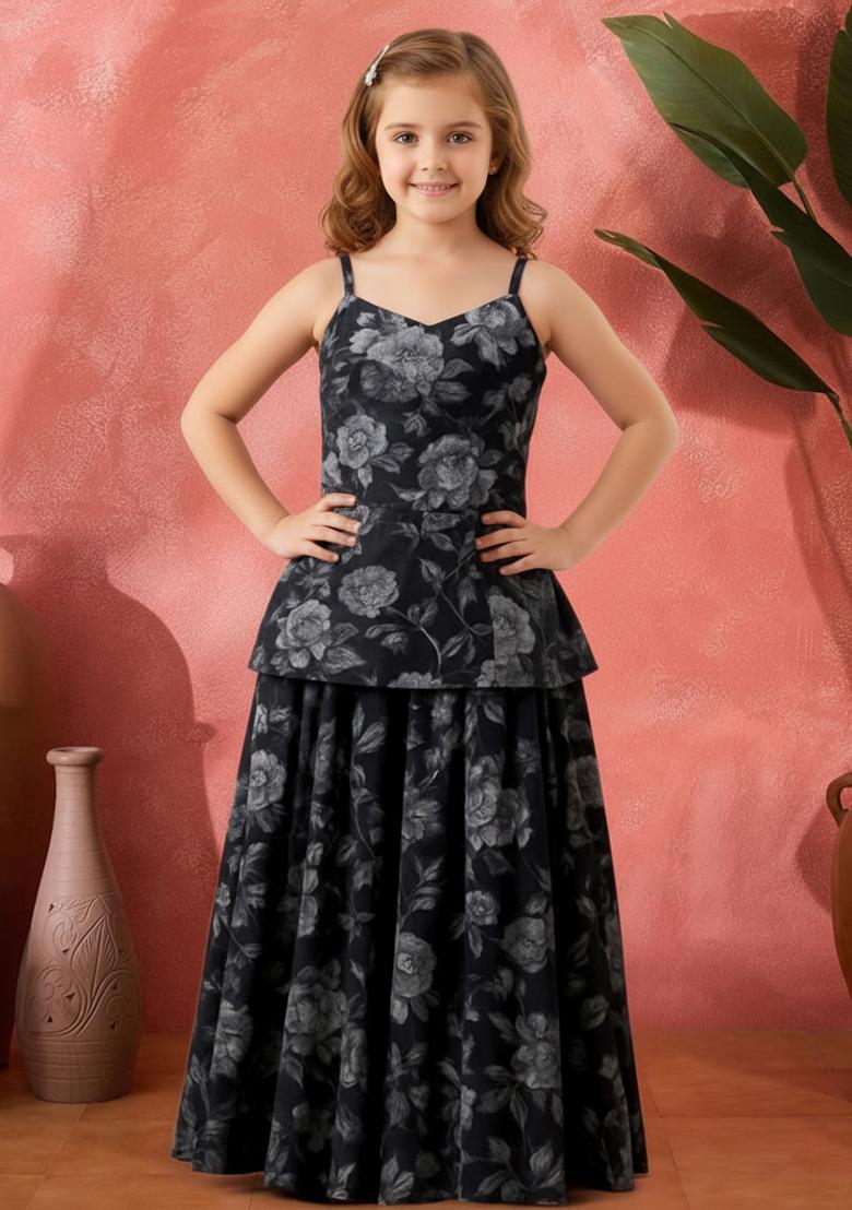 Girls Black Floral Print Organza Fusion Set - Indya