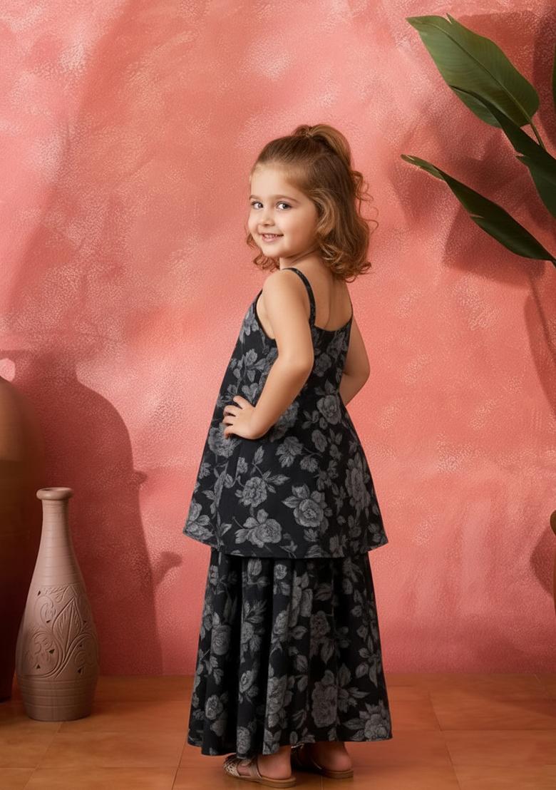 Girls Black Floral Print Organza Fusion Set - Indya